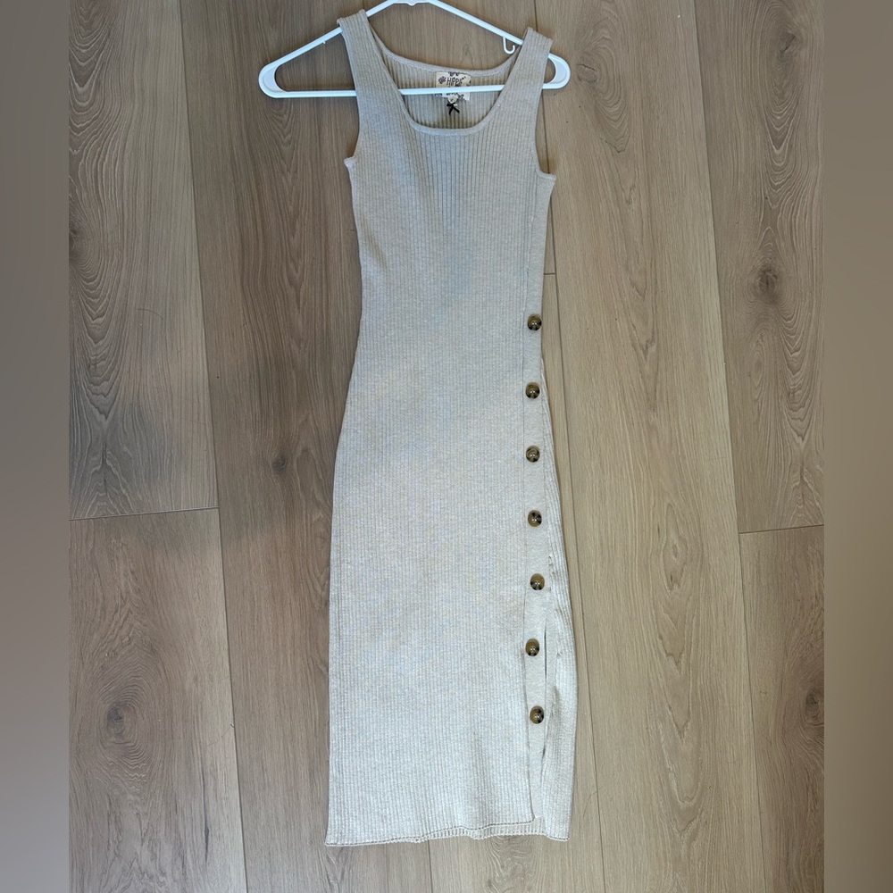 Hippie Rose Beige Midi Dress with Button Accents